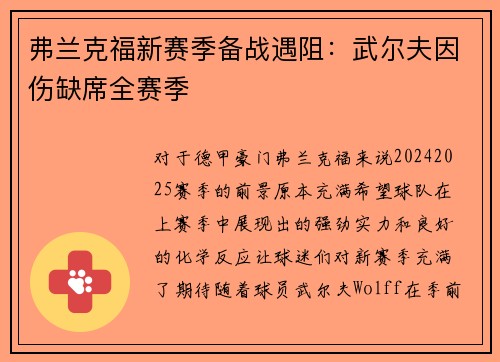 弗兰克福新赛季备战遇阻：武尔夫因伤缺席全赛季