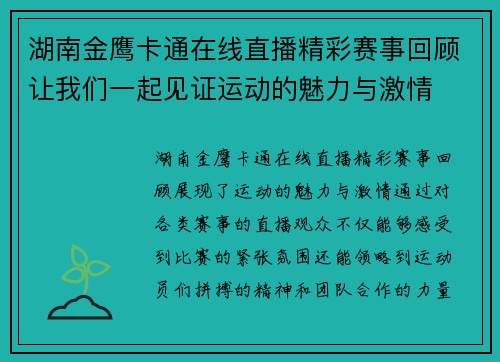 湖南金鹰卡通在线直播精彩赛事回顾让我们一起见证运动的魅力与激情